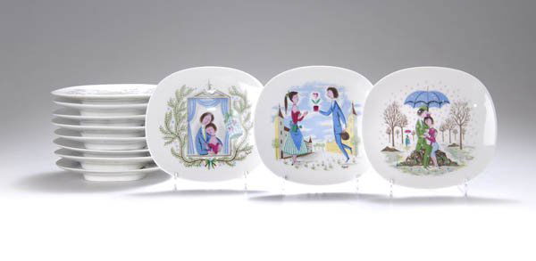 Raymond Peynet, Elf kleine Teller, um 1960: Fünf Teller aus der Serie 'Park' (Nr. 1509), zwei Teller aus der Serie 'Chaises de Jardin' (Nr. 1574), ein Teller aus der Serie ''Fleurs' (Nr. 1578), drei Teller aus der Serie 'Pêche' (Nr. 1500); ab