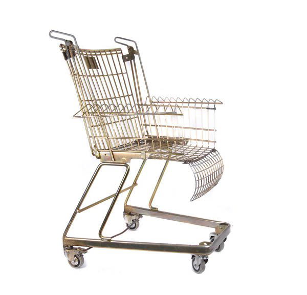 Stiletto (Frank Schreiner), Armchair 'Consumer's: H. 102 cm; 76 x 65 cm. Execution: Draht- und Metallwarenfabrik Brueder Siegel Leipheim, 1990. From a limited series of 100. Steel, grid work, bent, soldered, screwed, golden-yellow varnish, black synt