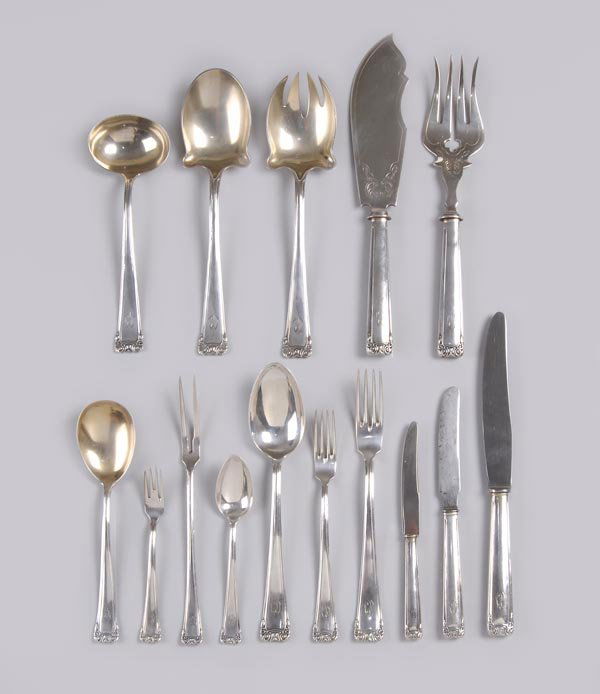 Karl Gross, Table Silverware, ca. 1915: 106 pieces; for 12 persons. By Lazarus, Frankfurt/M and P. Bruckmann & Sons, Heilbronn. 12 table knives, steel blades; 12 menu forks,; 12 soup spoons; 12 dessert knives, with original blades; 12 desse
