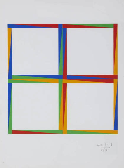 Max Bill, Composition, 1971: Color serigraph on white cardboard. 42.5 x 42 cm (picture); 65 x 49 cm (folio size). Right below the picture signed and dated: max bill 1971 (marked). Glassed, framed.