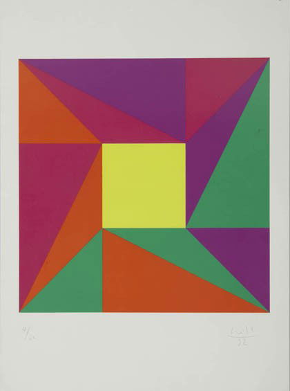 Max Bill, Geometrical composition, 1992: Color serigraph on cardboard. 42 x 42 cm (picture); 64.4 x 48.5 cm (folio seize). Below the picture numbered, signed and dated: 4/60 bill 92. Glassed, framed.
