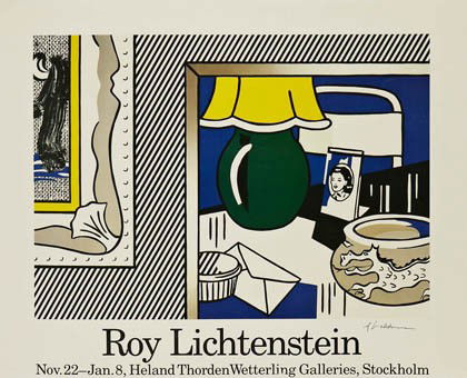 Roy Lichtenstein, 'Two paintings: green lamp', 198: Farboffset auf glattem Velin. Plakat für die Ausstellung in den Heland Thorden Wetterling Galleries, Stockholm, 1986. Mit der Schrift am Unterrand. 68,5 x 85 cm (Blattgröße). Rechts unterhalb der D