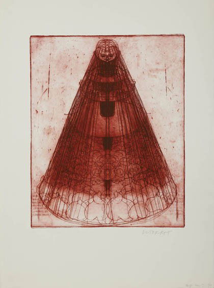 Dieter Roth, 'Als G ins Spielzeug stach stach er i: Intaglio (etching) in red on Velin by ?Johannot?. 50 x 40 cm (picture); 75 x 56 cm (folio seize). Down right with pencil signed: DITER RED.