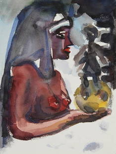 Lambert Maria Wintersberger, Exotin, eine Figur ha: Aquarell mit Bleistift auf Karton. 41 x 30,7 cm (Blattgröße). Verso mit Bleistift sign. und dat.: LM Wintersberger / 1986.Zum Künstler allg. siehe: Ausst. Kat. Lambert Maria Wintersberger, Bilder 1