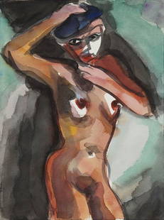Lambert Maria Wintersberger, Stehender weiblicher: Aquarell mit Bleistift auf Karton. 40,5 x 31 cm (Blattgröße). Verso mit Bleistift sign. und dat.: L M Wintersberger 1986. Zum Künstler allg. siehe: Ausst. Kat. Lambert Maria Wintersberger, Bilder 1