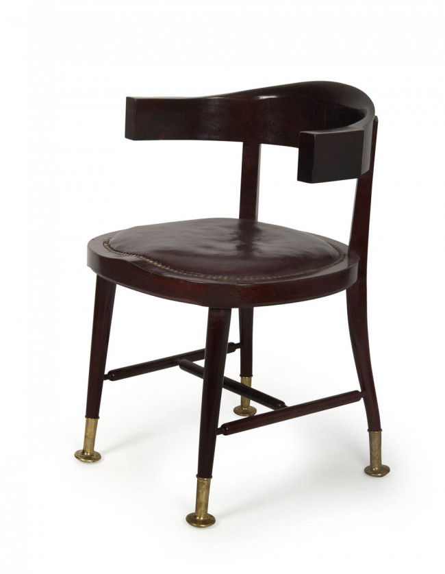 Adolf Loos, Armlehnsessel, 1899: Manufactured by: Furniture factory F.O. Schmidt, Vienna. Mahagony, polished, seat with red-brown leather covering, brass. H. 74.5 cm; B. 51 cmEva B. Ottillinger, Adolf Loos, Wohnkonzepte und Möbelent