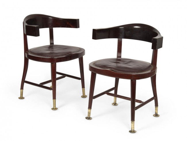 Adolf Loos, Paar Armlehnstühle, 1899: Manufactured by: Furniture factory F.O. Schmidt, Vienna. Mahagony, polished, seat with leather covering, brass. H. 74.5 cm; B. 51 cm. Eva B. Ottillinger, Adolf Loos, Wohnkonzepte und Möbelentwürfe,
