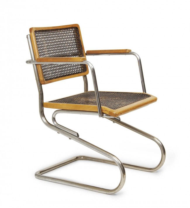Heinz und Bodo Rasch, Freischwinger, 1927: Manufactured by L. & C. Arnold, Stendal, model No. 3138. Tubular steel, chromium plated, seat-back and seat from beech, cane-bottomed . H. 84 cm; B. 54.5 cm.Exhib. cat. Bauhausstil oder Konstruktivism
