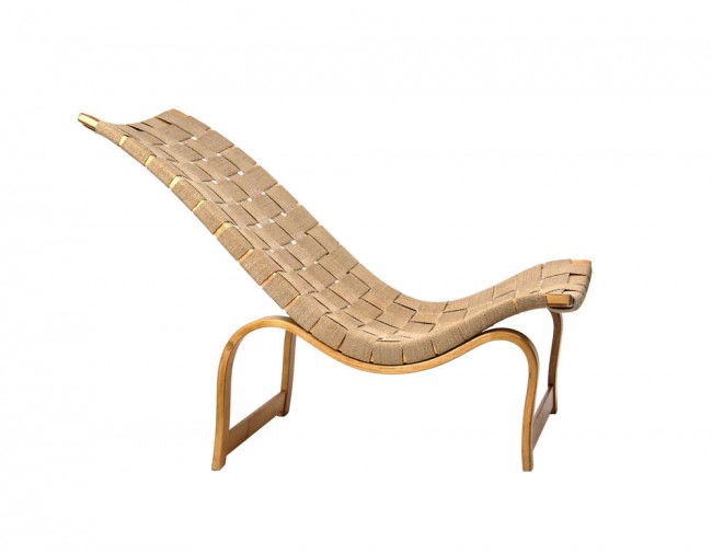 Bruno Mathsson, Sweden, Lounge Chair 'Pernilla', 1: Manufactured by Furniture workshop Karl Mathsson, Värnamo, Sweden,1940. Birch, curved, Birch laminated wood, light stained, polished, seat backrest with original, geometrical band netting from hemp.