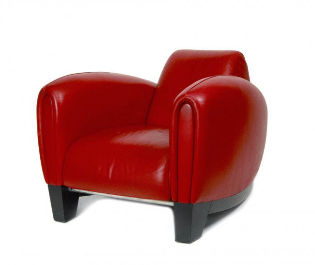 Franz Romero, Sessel 'Bugatti', 1985: Manufactured by de Sede, Klingnau. Stand frame from oak, black stained, red smooth leather. Not marked. H. 70 cm; 100 x 87 cm.Jürgen Sembach u.a., Möbeldesign des 20. Jahrhunderts, Köln o. J., Abb.