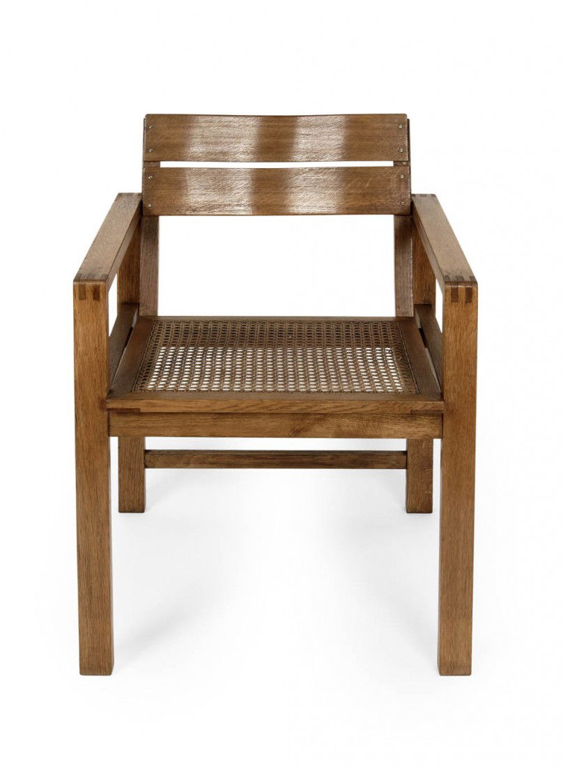 Erich Dieckmann, Armchair, around 1926: Manufactured by: Staatliche Bauhochschule Weimar, Weimar. Oak, natural coloured stained, backrest from plywood, seat cane-bottomed. H. 78 cm; B. 54 cm. Katja Schneider, Burg Giebichenstein, Weinheim 1