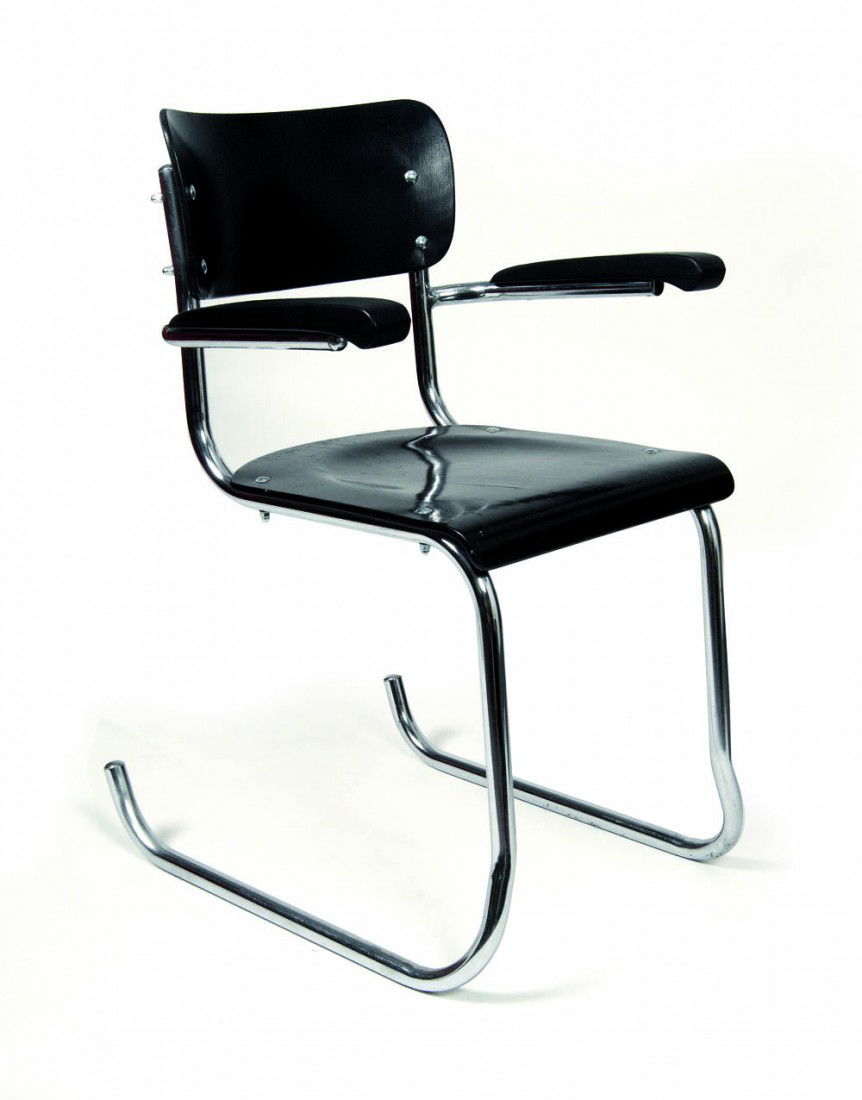 Bas van Pelt, Cantilever chair, around 1938: Manufactured presumably by the steel tube furniture factory E.M.S., Overschie. Tubular steel, chromium plated, bolts, formed out seat and backrest from laminated wood, matt black stained, armrests fro