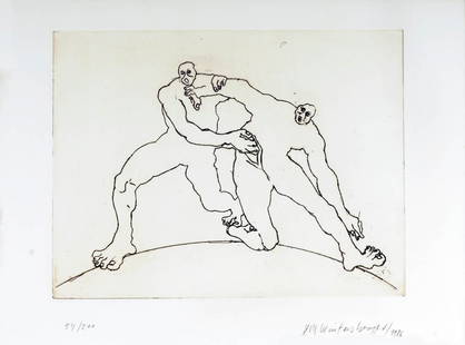 Lambert Maria Wintersberger, Zwei raufende Männer,: Farbradierung auf Velin. 29,5 x 39 cm (Plattengröße); 39 x 52,5 cm (Blattgröße). Am Unterrand mit Bleistift num., sign. und dat.: 54/200 L M Wintersberger / 1986. Verglast, gerahmt.