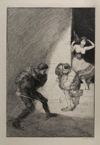 Max Klinger, Zwei Blatt aus der Folge 'Ein Leben',: Aus der Folge 'Opus VIII' (Folge von insges.15 Bll.): Bl. 7 'Rivalen'; Bl. 9 'Auf der Strasse'; Radierungen mit Aquatinta auf festem Velin. 26,4 x 16,5 (Plattengröße); 62,5 x 44,8 cm (Blattgröße)