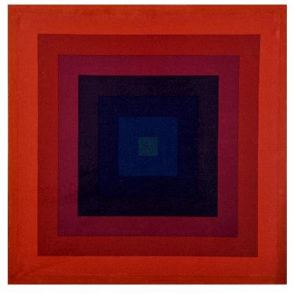 Verner Panton, Wanddekoration, 1969: Stoffmuster aus der Kollektion Decor (I), Dessin: Quadrat. Ausführung: Mira X, Suhr, Schweiz. Baumwollsamt in Rot-, Violett- u. Blautönen, auf Keilrahmen aufgezogen. Nicht bez. 112 x 112 cm. Alexand