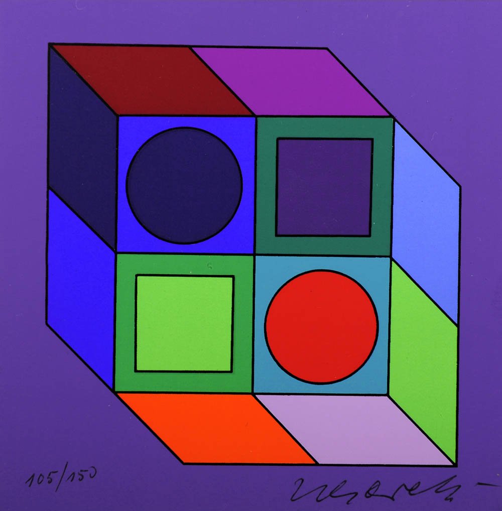Victor Vasarely, 'Lapidaire-2', um 1980: Multiple; Farbserigraphie auf Karton. 10 x 10 cm (Blattgröße). Am Unterrand mit Bleistift num. und sign.: 105 /150 Vasarely. In quadratischer Acrylbox, verso typographisch bez.: Vasarely Lapidaire-2