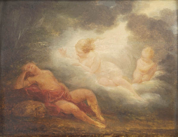 Giovanni David zugeschrieben, Sogno d'amore, 1779: Im Schatten eines Baumes schlafender Jüngling, dem im Traum ein von Wolken getragenes Mädchen mit Amoretto erscheint. 16,5 x 22 cm. Öl auf Eichentafel. Unten links sign.: David. Auf der Rückseite