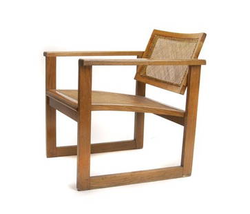 Peter Keler, Armchair, ca. 1925-26: Caned elm armchair with fixed backrest by Peter Keler, 1925/6, pupil of Albers, Schlemmer and Kandinsky at the Bauhaus, 1921-5, subsequently working in his own Weimar Workshop for Fine and Applied Art
