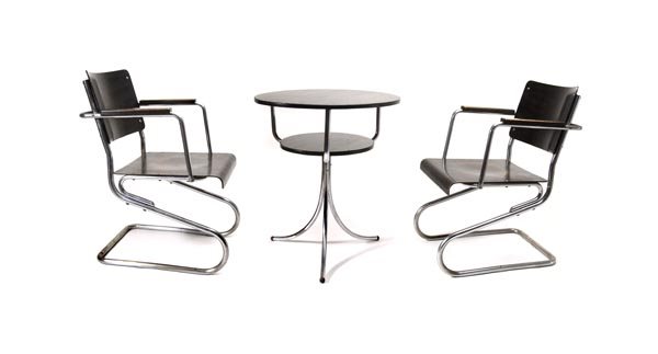 Heinz and Bodo Rasch, Living-room Suite, around 1: For this Lot there is only a german description. Information in english can be requested via info@von-zezschwitz.de: Dreiteilig. Zwei Armlehnstühle, Freischwinger, Kufenkonstruktion, winkelig um die