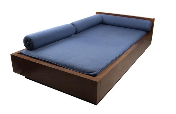 Erich Dieckmann , Sofa-bed, ca. 1927: Straight rectangular frame construction made of flat square planks on slightly receding rectangular stand frame, painted black, frame rising on one small side to mark the head end, one long side with