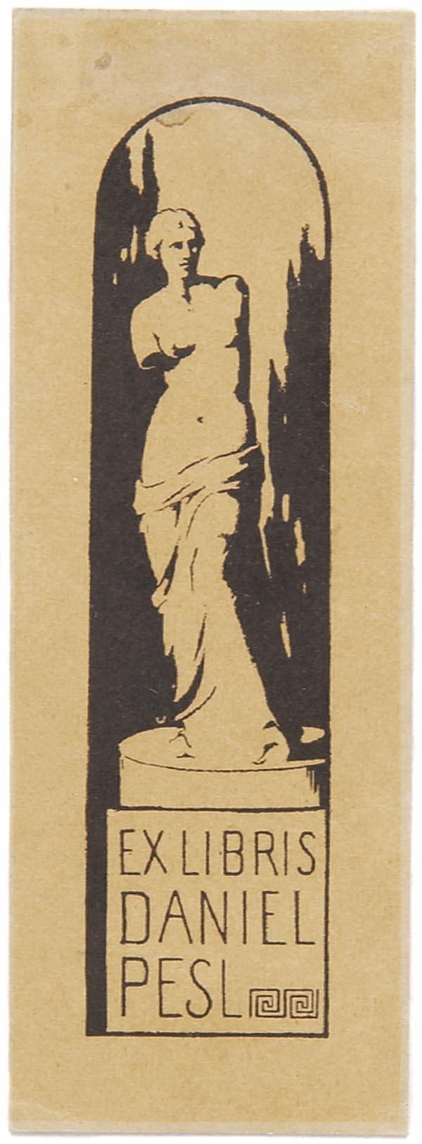 Franz Marc, Ex Libris Daniel Pesl, 1905: Hochformatige Darstellung der griechischen Skulptur der Venus von Milo auf einem Sockelpostament vor hohen Zypressen; Inschrift EX LIBRIS DANIEL PESL. 13 x 4,7 cm. Lithographie auf bräunlichem Papier