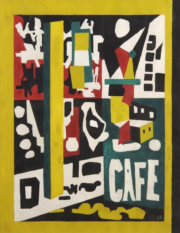 Stuart Davis, Café, um 1954: Abstrakte Komposition mit Säule und kleinteiligen geometrischen und amorphen Formen, Kopf einer Frau mit flachem Hut, flaches Gebäude mit zwei Fenstern, unten rechts die Buchstaben CAFE. 55 x 42 cm.