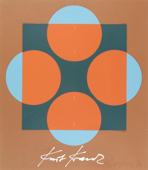 Kurt Kranz, Graphisches Objekt, 1970: Geometrisches, variables Farbbild, in der Mitte mit vertikal angeheftetem Faltblatt, rückseitig mit farbigem Wellen- bzw. Bogenornament, dem andersfarbigen Ornament des unteren Blattes in der Form er