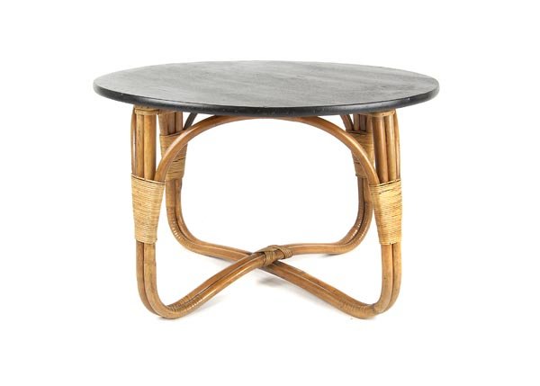 Erich Dieckmann, Table, around 1930: Table. H. 50 cm; dm 78 cm. Execution: Basketmakers' Union Tannroda E.G.M.B.H. Stand in bent bamboo poles; sections with wickerwork; table top in wood, beech veneer, stained black.Erich Dieckmann, Möb