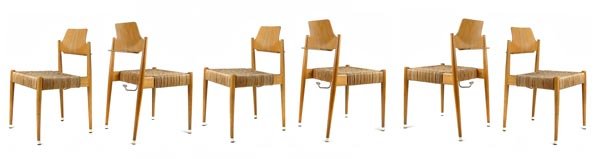 Egon Eiermann, Six Chairs, 1952: Model 'SE 19' for St. Mattheus in Pforzheim. H. 83 cm; w. 44.5 cm. Execution: Wilde + Spieth, Oberesslingen. Beechwood, beech plywood, veneer, stained in honey color, transparent coating, wickerwork,
