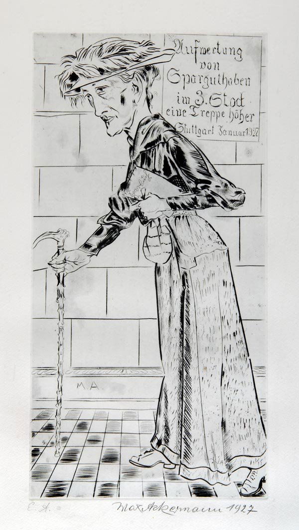 Max Ackermann, Aufwertung von Sparguthaben, 1927: Alte Dame auf einen Stock gestützt, in der linken Hand ihr Sparbuch haltend, um es 'aufwerten' zu lassen. 49 x 25,5 cm (Darstellung); 78 x 53 cm (Blattgröße). Radierung auf cremefarbenem Velin. Im