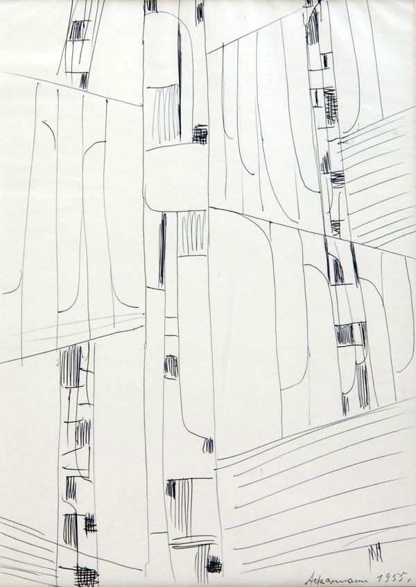 Max Ackermann, Composition, 1955: Abstract composition. 29 x 20.5 cm. Ballpoint-pen on gray drawing paper. Signed and dated. Passepartout. Framed, under glass.