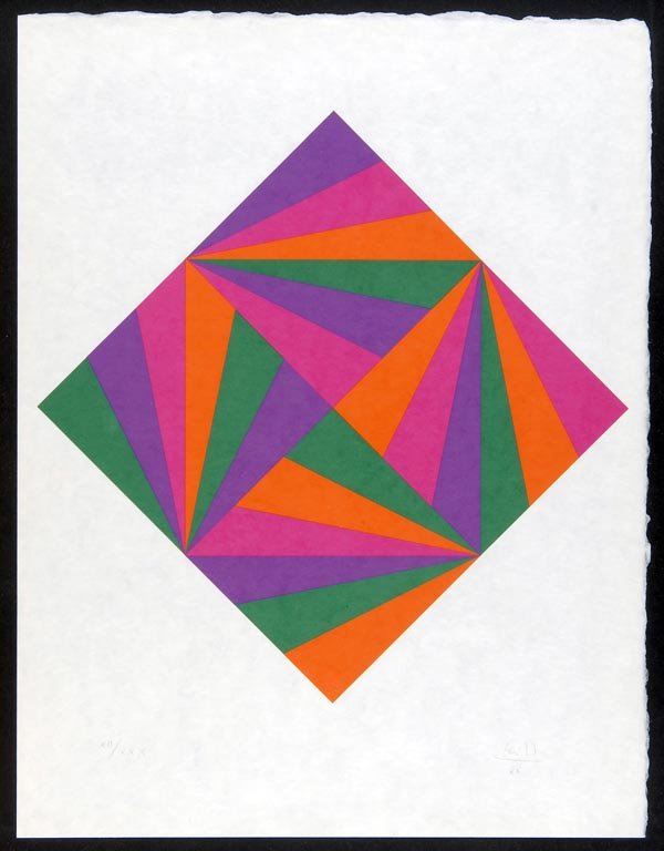 Max Bill, Komposition, 1988: Komposition mit buntem Quadrat in Lila, Orange und Grün. 65 x 49 cm (Blattgröße). Farbige Serigraphie auf faserigem Japan-Bütten. Unter der Darstellung num., sign. und dat.: XII/XXX Bill 88. Vergl