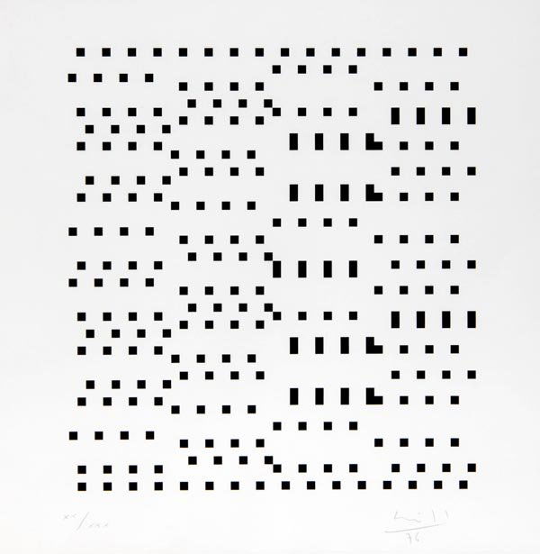 Max Bill, Komposition, 1976: Komposition mit kleinen schwarzen Quadrat- und Rechteckformen. 47 x 47 cm. Serigraphie auf weißem, glattem Papier. Unter der Darstellung mit Bleistift num., sign. und dat.: XX/XXX Bill 76. Im Passepa