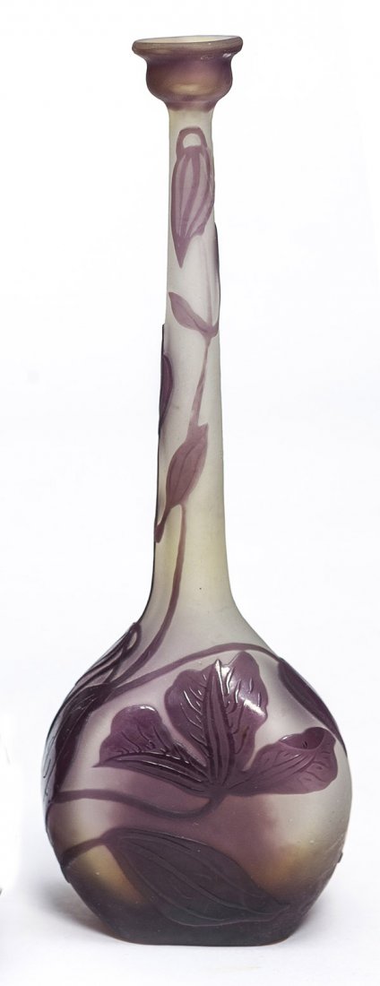 Galle Vase: Galle signed vase, amethyst cut back to frosted on banjo form with elongated neck, 8" ht, signed cameo, "Galle." PROVENANCE: Cummings Collection