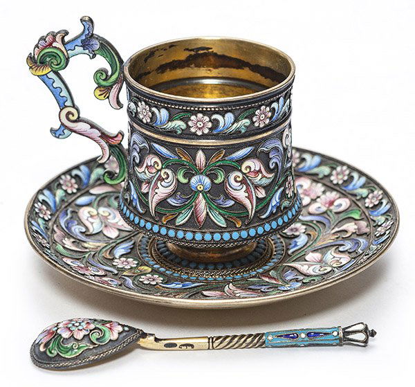 Russian Enameled Cup and Saucer (1 of 10)