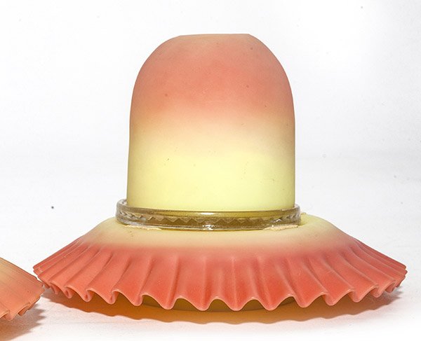 Burmese Fairy Lamp: Webb Burmese acid finish fairy lamp, ruffled rim base supports a marked Clarke's clear insert, matching dome shade, base marked with Webb acid stamp, 5 1/2" ht. NOTE: Burst factory bubble on base.