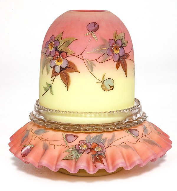 Burmese Fairy Lamp: Webb Burmese fairy lamp, matching acid finish shade and footed base decorated in the prunis pattern, accompanying clear marked Clarke's insert, unsigned, 5 3/4" ht. LITERATURE: See Fairy Lamps by Ruff