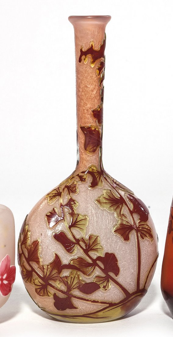 Galle Vase: Galle three layer unsigned banjo form vase, wine red flower over green leaves, pinkish alabaster background, cameo signed signature on base, further enhanced with original retail label "A.LA PAIX, 34 