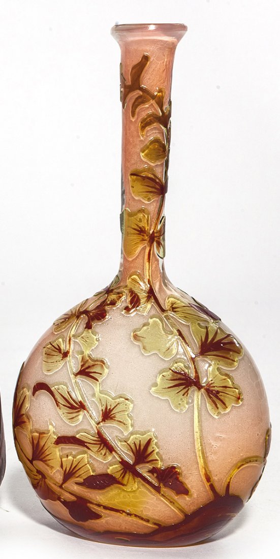 Galle Cameo Vase: Galle three layer unsigned banjo form vase, wine red floral cutting over light green pinkish alabaster background, 6 1/2" ht. PROVENANCE: Cummings Collection