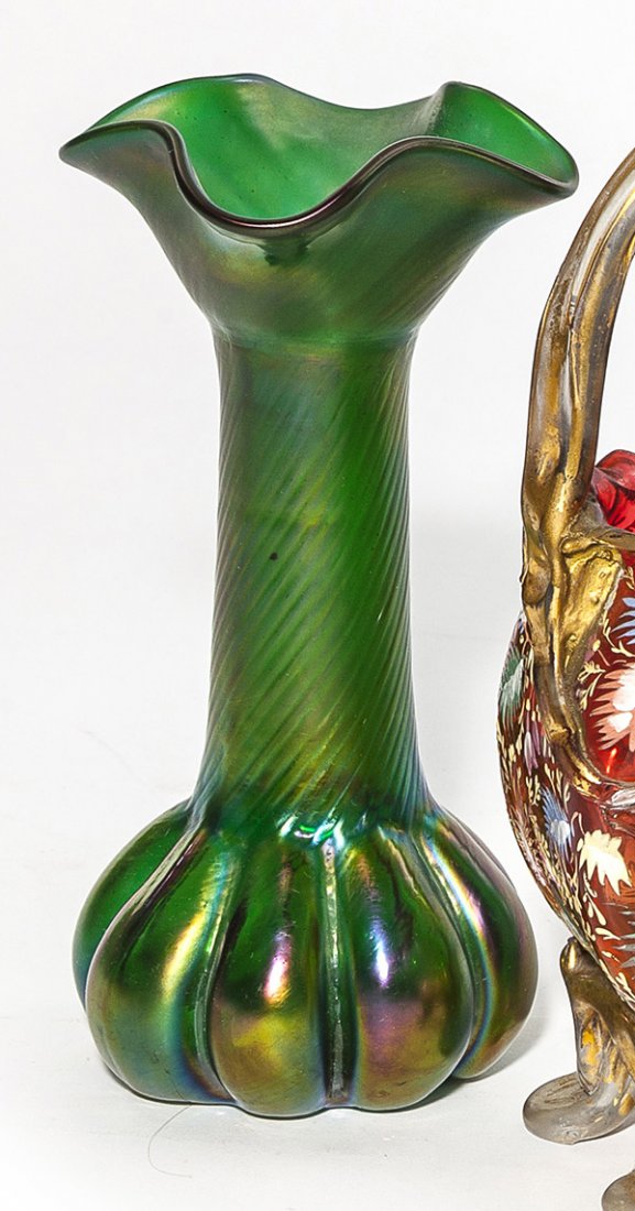 Bohemian Vase: Bohemian vase, melon ribbed base rises to a twisted neck and open undulating rim, iridescent green, unsigned, 8 1/4" ht.
