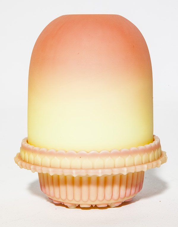 Burmese fairy lamp dome and insert, 3 1/2 dome shade in: Burmese fairy lamp dome and insert, 3 1/2 dome shade in satin finish rests on a rare Burmese ruffled insert marked "S. Clarke Patent Trademark Fairy", 4" wide, 5" overall ht.