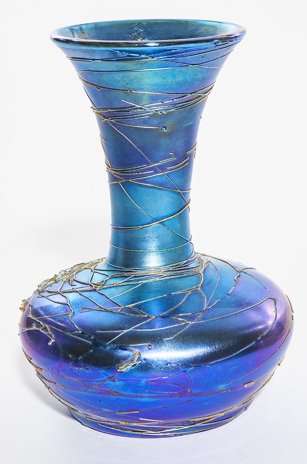 Iridescent blue vase attributed to Durand, squatty form (1 of 3)