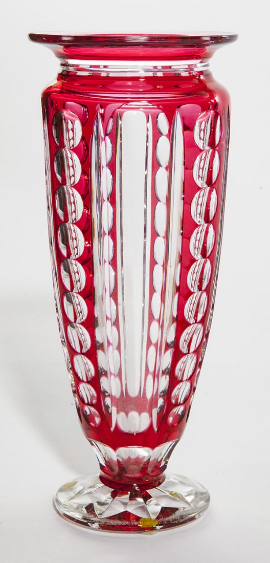 Durand ruby cased cut glass vase, footed form in ruby (1 of 1)