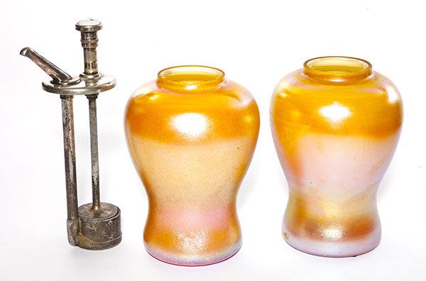 Two Durand syrup dispensers in gold lustre, one with (1 of 3)