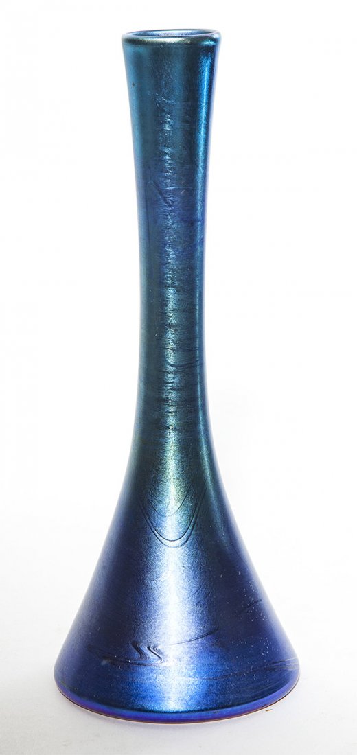 Tiffany blue Favrile vase, tapering form with elongated: Tiffany blue Favrile vase, tapering form with elongated neck, good color, button pontil, signed "X202 L.C. Tiffany- Favrile", 10" ht.
