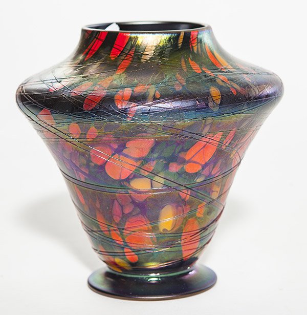 Fenton Mosaic vase, footed, shouldered form in dark, (1 of 2)