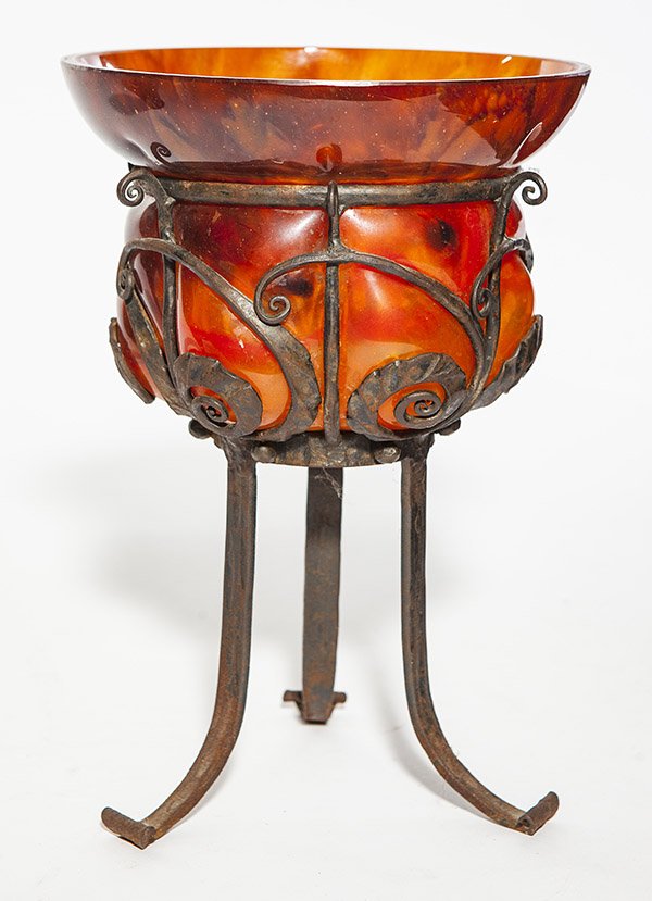 A mold blown Schneider vase, mottled orange lobed (1 of 2)