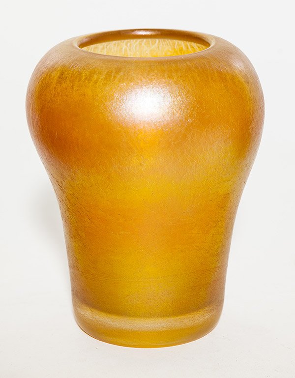 Imperial gold iridescent vase, shouldered form with an: Imperial gold iridescent vase, shouldered form with an inverted rim, factory impressed mark on underside, 5 1/2" ht.