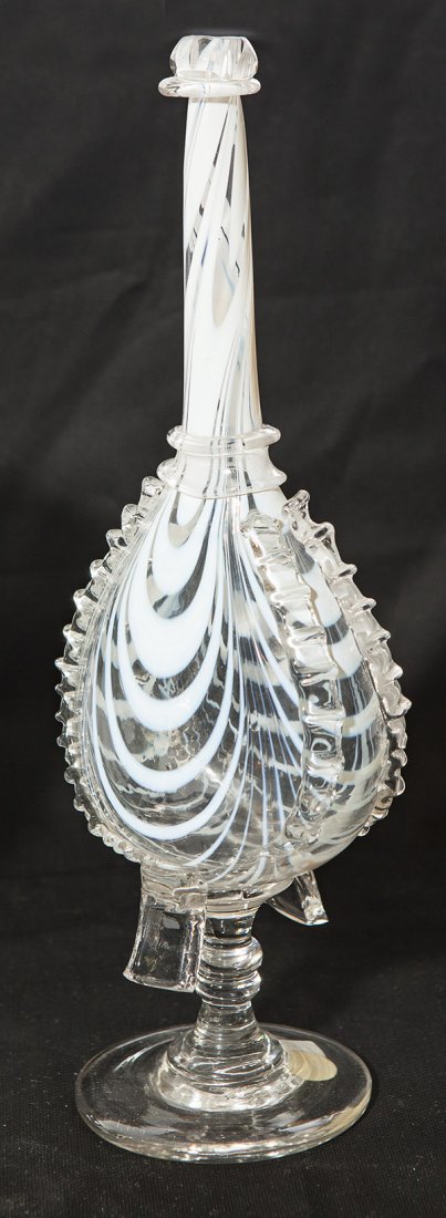 Crystal pedestal based flask with looped opalescent: Crystal pedestal based flask with looped opalescent decoration framed in applied crystal, 13 1/2" ht.