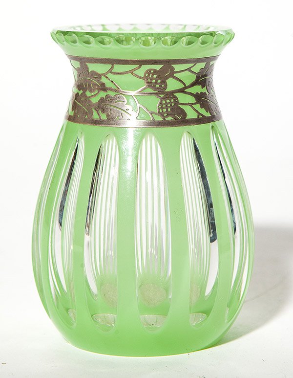Art glass vase in green cut to clear with a silver oak (1 of 1)